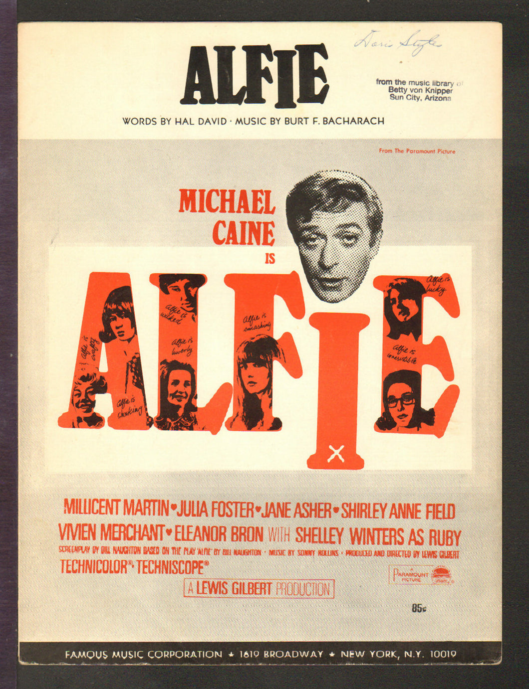 Alfie 1966 MICHAEL CAINE Hal David/Burt Bacharach Movie Vintage Sheet Music Q03